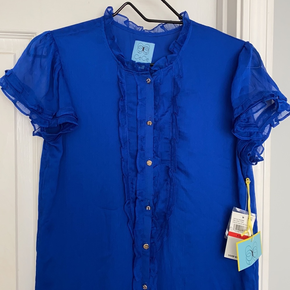 CeCe Ruffle Button Front Blue Dress NWT Size XS - Picture 4 of 10